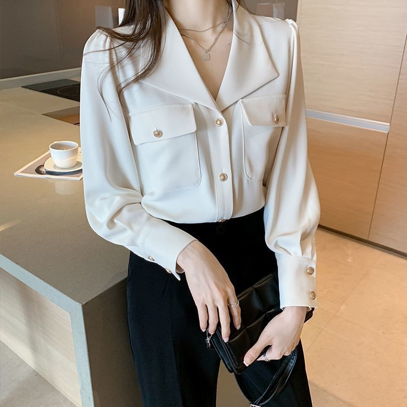 เสื้อเชิ้ตแขนยาวสุภาพสตรีฤดูใบไม้ผลิฤดูใบไม้ร่วงแฟชั่นสไตล์ใหม่ฝรั่งเศสเรียบง่ายสีทึบคอวีชีฟองมืออาชีพอย่างเป็นทางการด้านบน