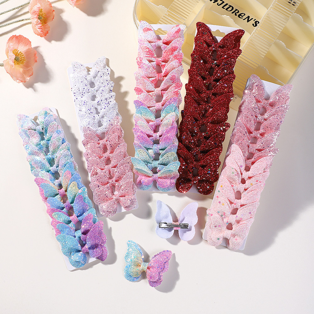 10 ชิ้น/เซ็ตไล่ระดับสีผีเสื้อ Bows กิ๊บติดผมสําหรับผู้หญิงสาวหนัง Hairpins Barrettes Headwear เด็กผม Acessies