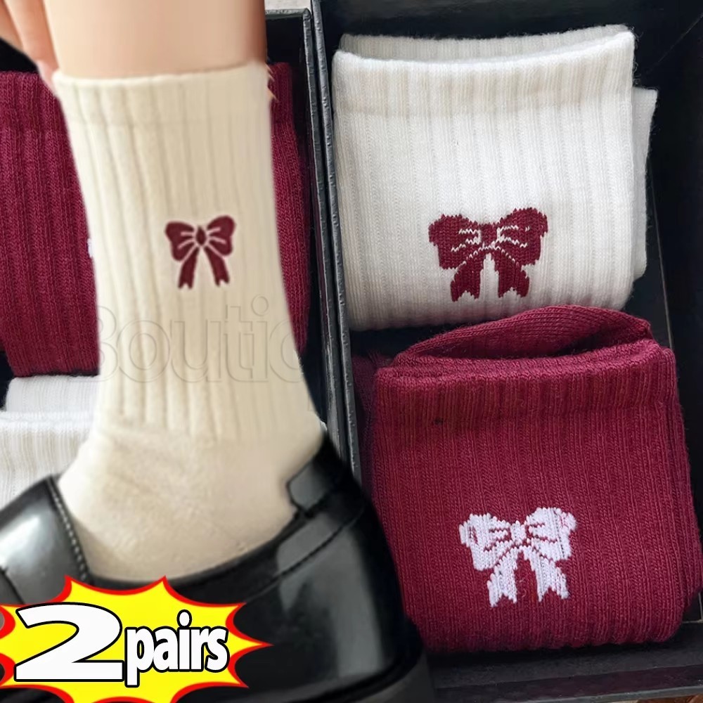 1/2 คู่ Retro Women Bow Crew Socks – Elastic Korean Red Spring Winter Socks – Cotton Japanese Ballet Designer Hosiery – Casual Mid-tube Stocking – Academy Style Comfort Ins Sock