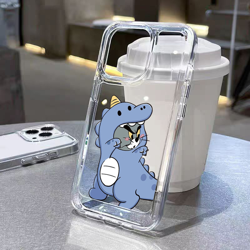 TPU ปุ่มชุบไฟฟ้า เคสไอโฟน นิ่มกันกระแทก เคสโทรศัพท์ iPhone 11 12 13 14 15 Pro Max XR XS X 7 8Pลูกแมวในกรณีหนังไดโนเสาร