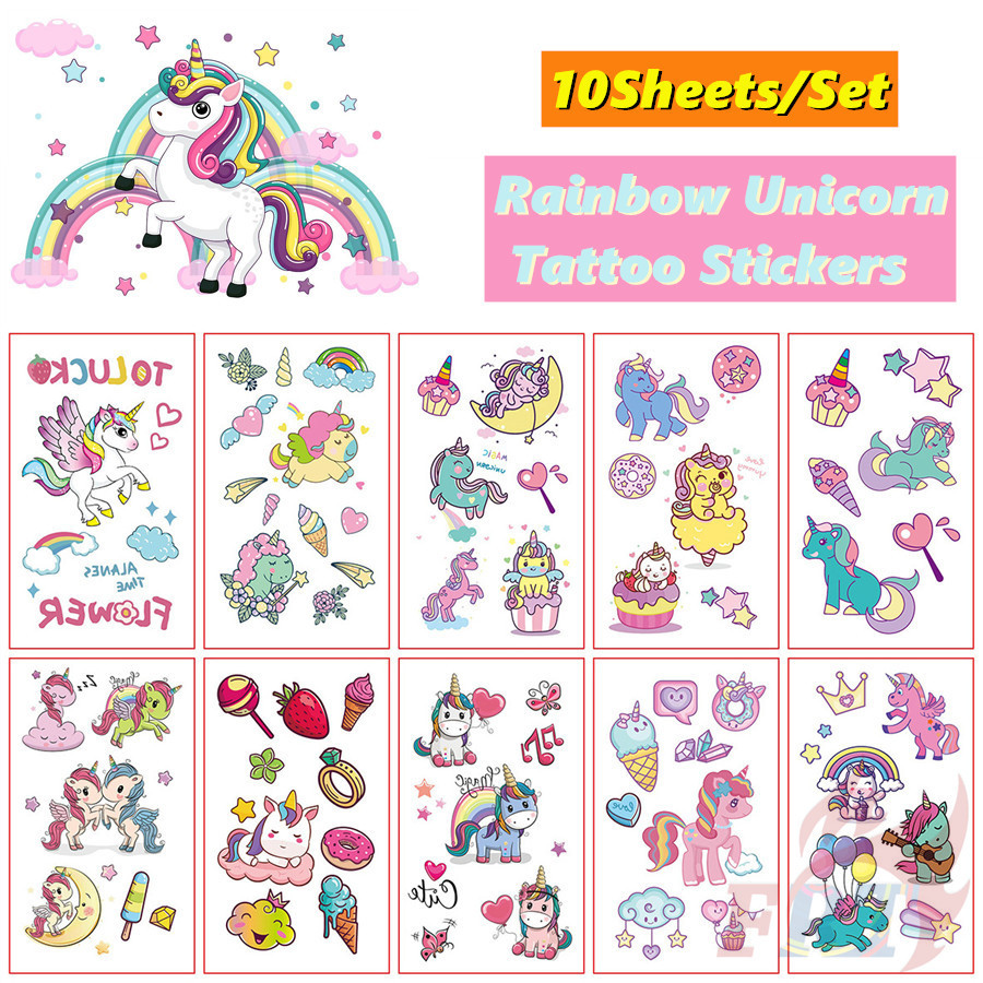 10แผ่น/ชุด ❤ สติ๊กเกอร์รอยสักชั่วคราว Rainbow Unicorn ❤ รอยสักกันน้ําสําหรับแขนเซ็กซี่กระดูกไหปลาร้าร่างกายศิลปะมือเท้า