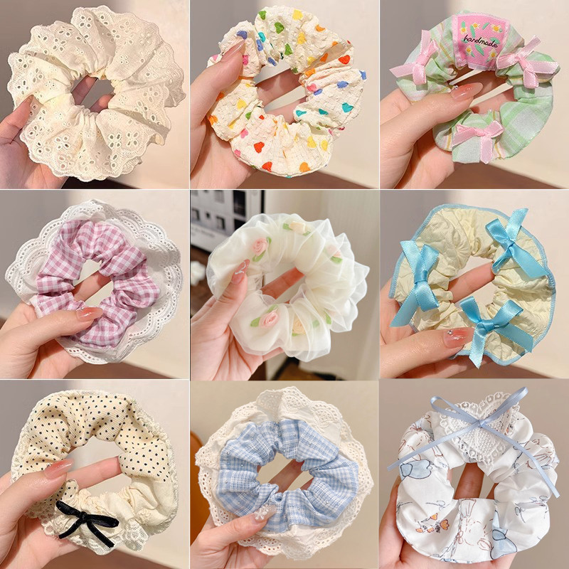 ลูกไม้ย้อนยุคฝรั่งเศสขนาดใหญ่ลําไส้ผูกผมสําหรับผู้หญิงเกาหลีสองชั้นคาดศีรษะยางรัดผมเชือก