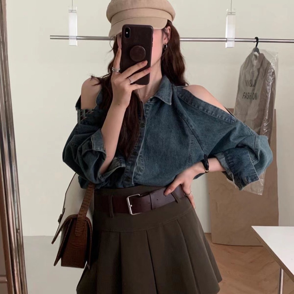 เสื้อยีนส์ผู้หญิงปกที่ไม่มีสายหนังกระดุมแถวเดียวอเมริกันย้อนยุคเสื้อผู้หญิง