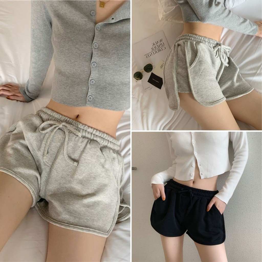 Betty house🌸พร้อมส่ง กางเกงขาสั้นสายฝอผู้หญิง กางเกงขาสั้นกีฬา หลวมสบายๆ ยางเชื่อยืด สีพื้น สไตล์เกาหลี