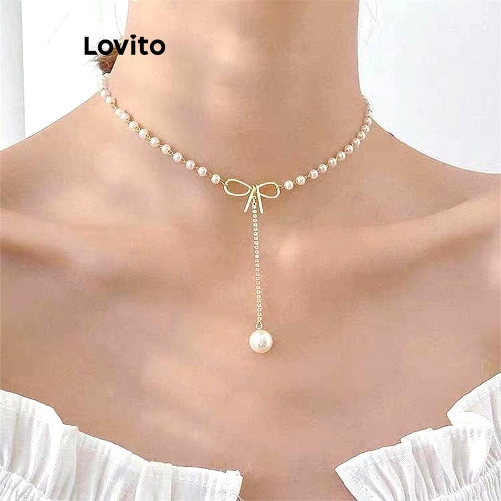 Lovito สร้อยคอผู้หญิง แต่งโบว์ ไข่มุก เนื้อสัมผัสดี คุณภาพสูง สีพื้น สไตล์หรูหรา LFA19002