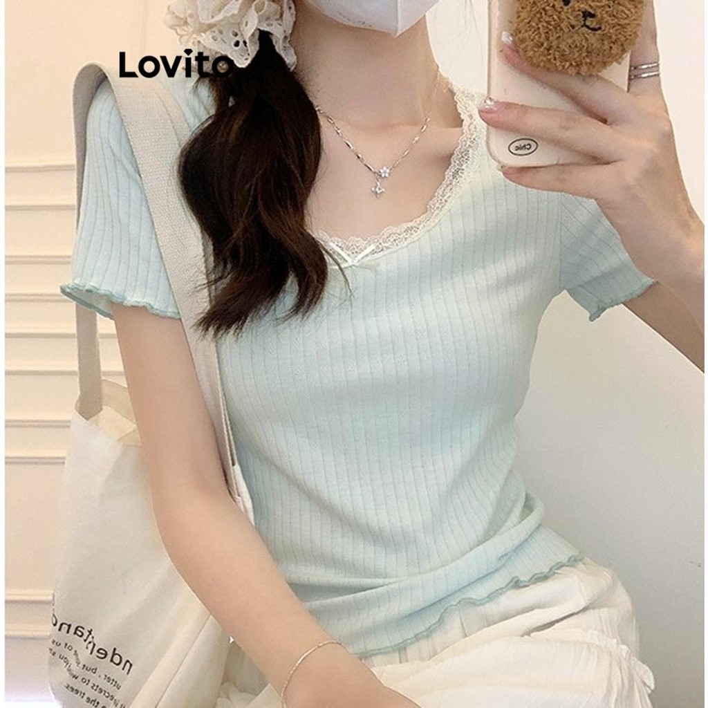 Lovito เสื้อยืดผู้หญิง แต่งโบว์ ลูกไม้ สีพื้น สไตล์ลำลอง LNA56050