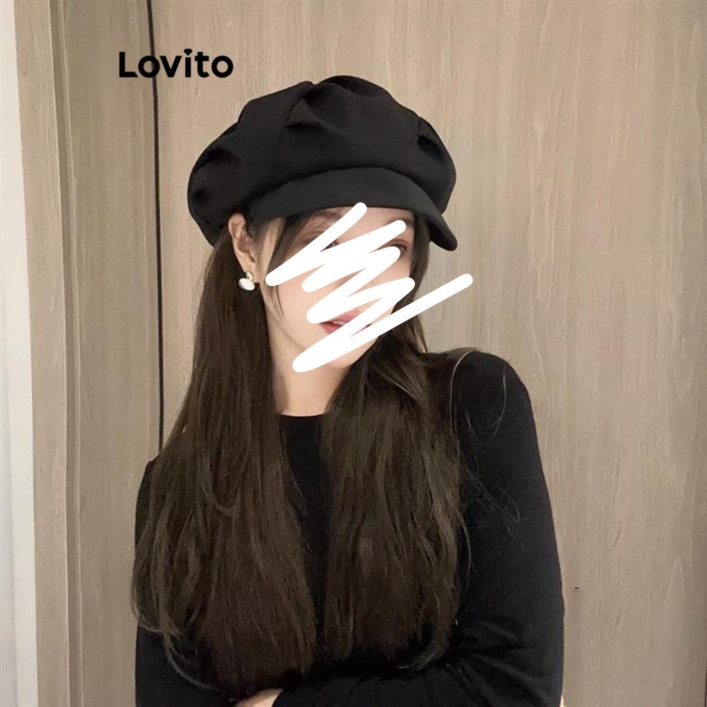 Lovito หมวกผู้หญิง แต่งกระดุม สีพื้น สไตล์ลำลอง LNA28243 (สีดำ)