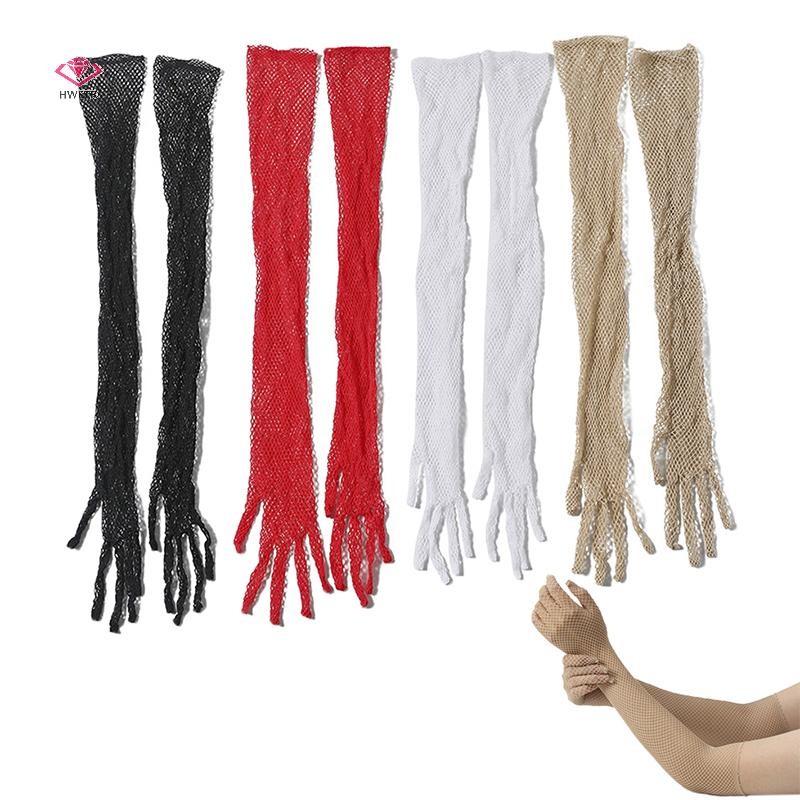 Hwetr ถุงมือยาว Mittens ตาข่ายสุทธิโปร่งใสแขน Rhinestones ความยืดหยุ่นตกปลาบาง Stage Performance คอสเพลย์ถุงมือใหม่