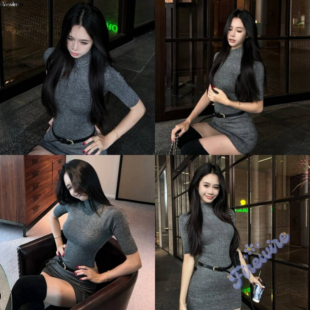 Firewire🔥พร้อมส่ง🔥มินิเดรสไหมพรม แขนสั้น ทรงรัดตัว แถมเข็มขัด' 31087