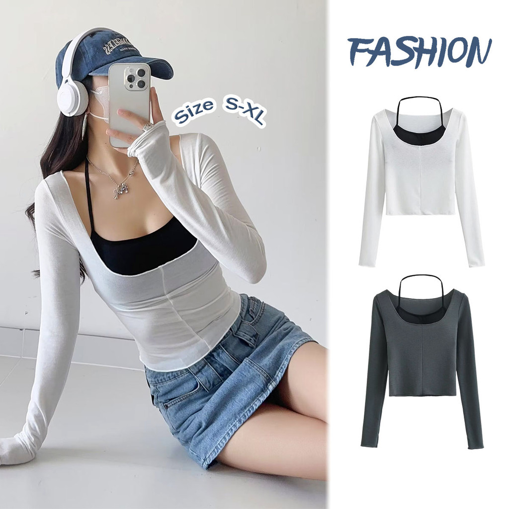 Chili Kokoชุดสองชิ้น เสื้อยืดผู้หญิง แขนยาว ทรงสลิมฟิต เสื้อกล้ามคล้องคอสีดำ เซ็กซี่ๆ2668