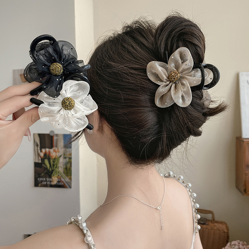 {Rhinestone ดอกไม้สุทธิ Gauze Grab Clip} 2025 สไตล์ใหม่ Shark คลิปหญิง Bubble High-End เครื่องประดับผม Back Headdress Full เวอร์ชั่นเกาหลี ins สไตล์คลิปผม Classy ผม Handy เครื่องมือ