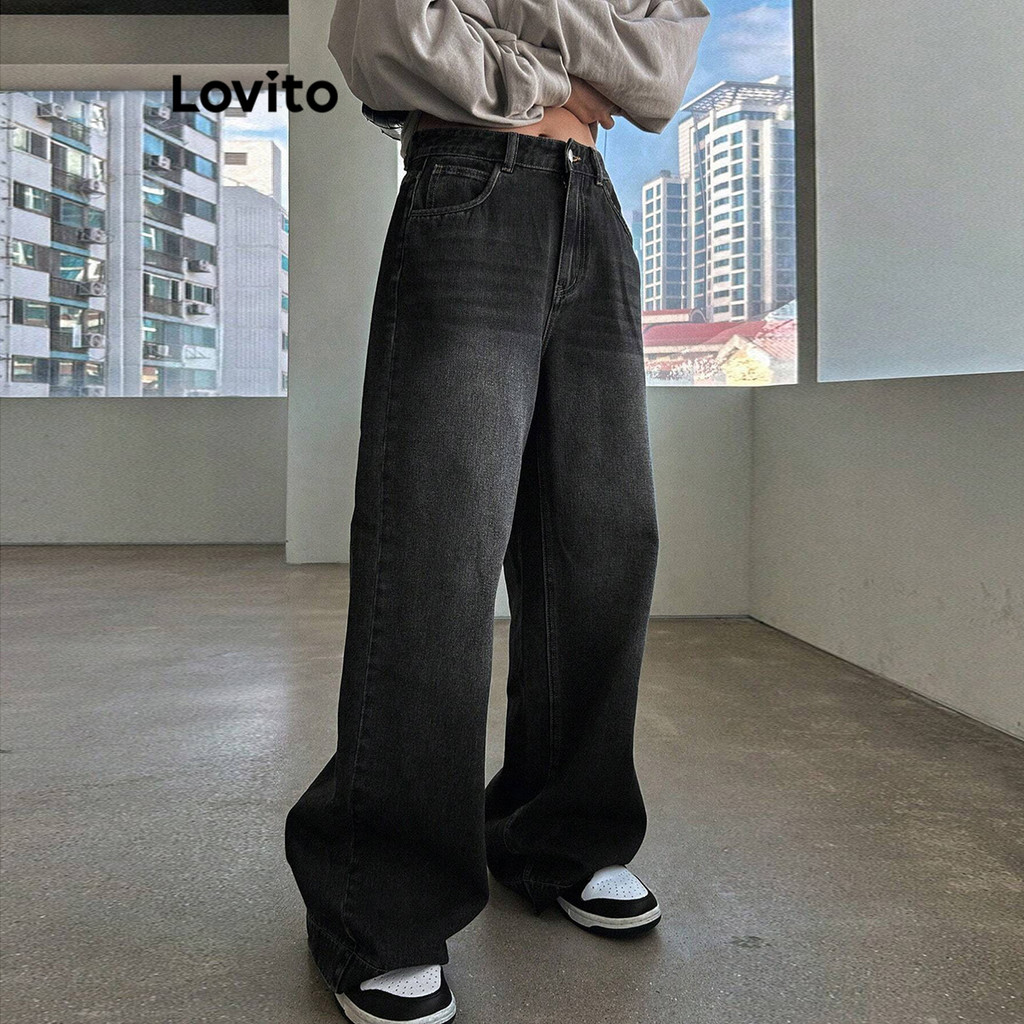 Lovito ลำลองJeans สีพื้นCatS Whiskers Washed Jeans สำหรับผู้หญิง L86ED291