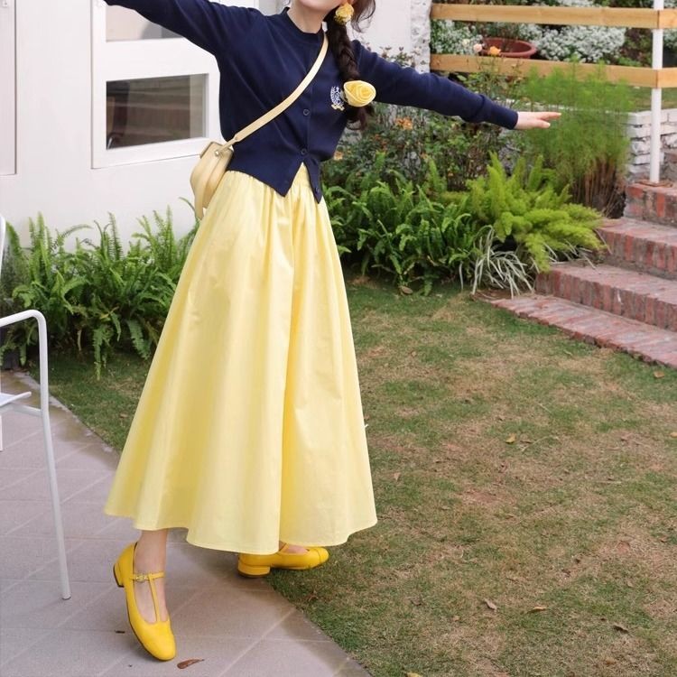 กระโปรงสีเหลืองผู้หญิงฤดูใบไม้ผลิฤดูร้อนใหม่เอวสูง A-line Slim กระโปรง Midi อเนกประสงค์