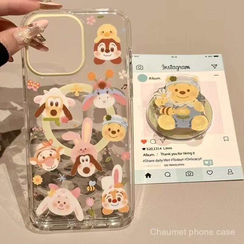 ขาตั้งแม่เหล็ก Winnie the Pooh Piglet สำหรับเคส iPhone 16 15 Pro/13 กันกระแทก 14 Pro Max ใหม่ 12 รูใหญ่ F2LS