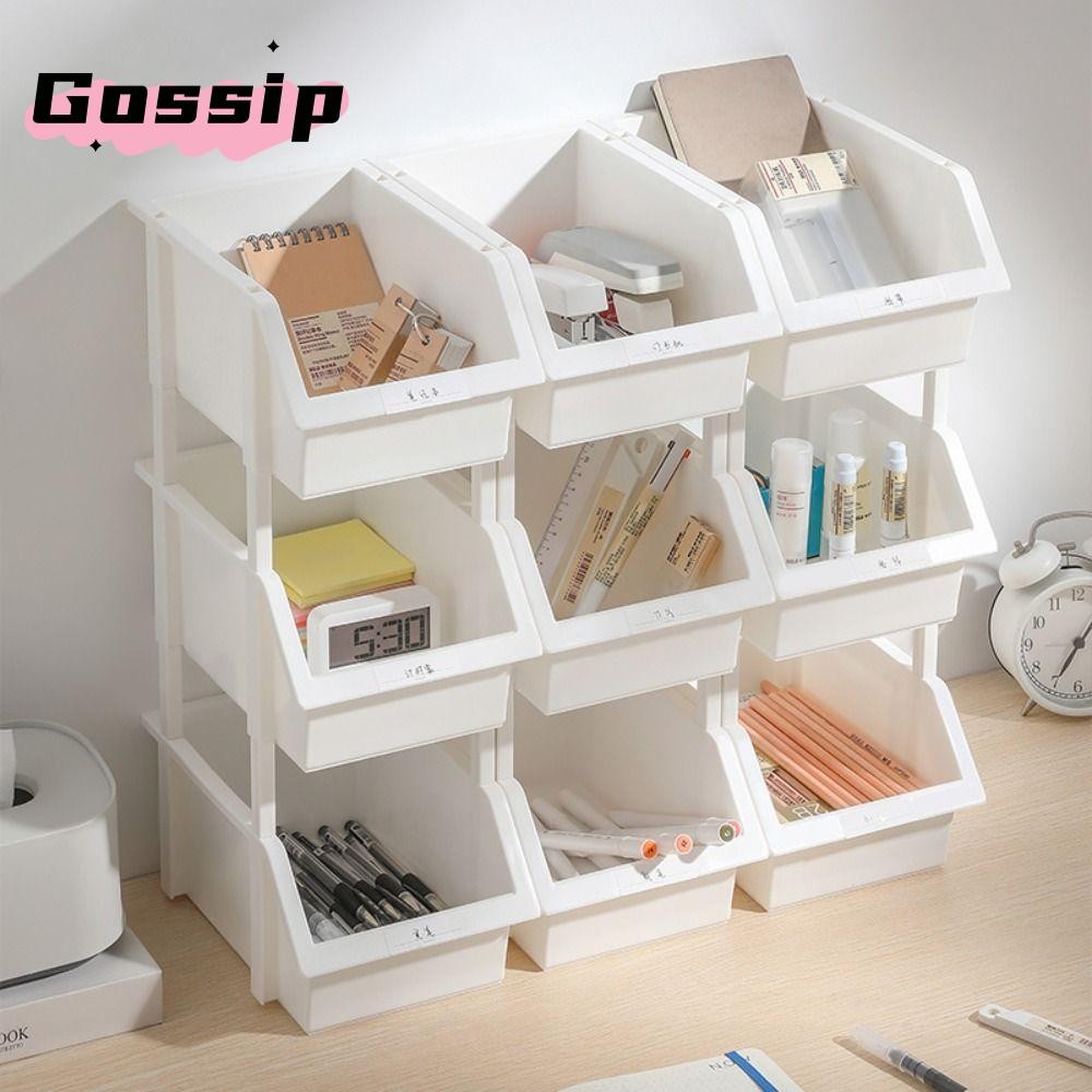 GOSSIP กล่องเก็บของตั้งโต๊ะ,กันฝุ่นพร้อมฉลากจัดโต๊ะ,ชั้นวางเครื่องประดับเครื่องสําอางวางซ้อนกันได้ความจุขนาดใหญ่ที่เรียบง่ายสําหรับโฮมออฟฟิศ