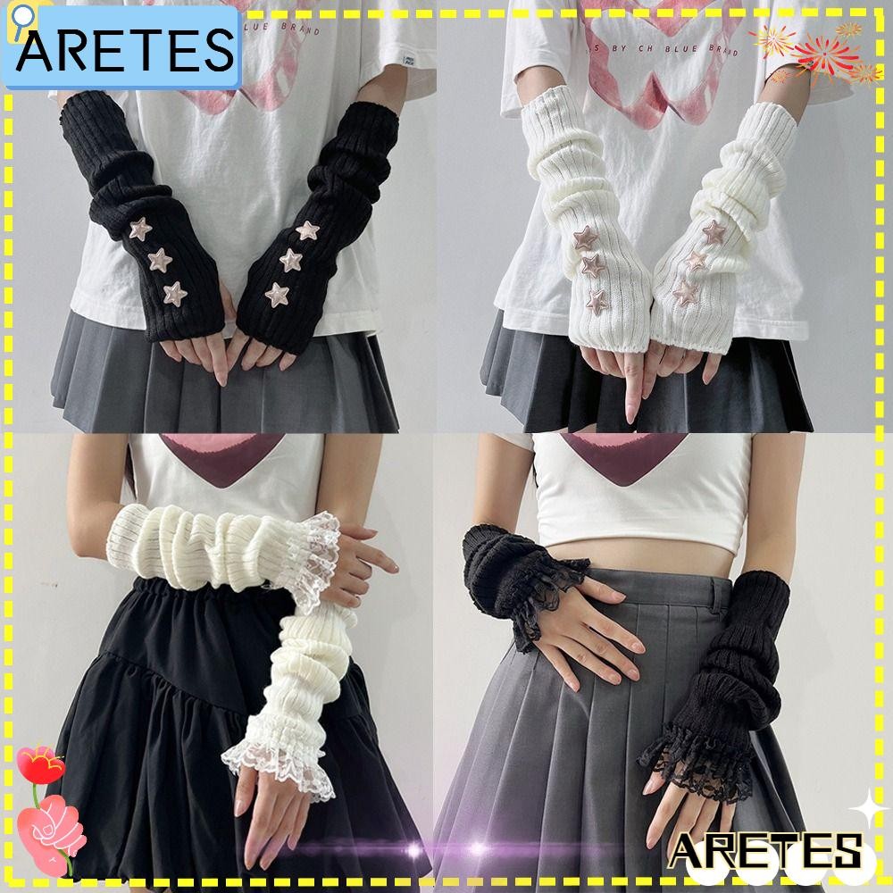 ARETS ถุงมือข้อมือยาว, ถุงมือถักแบบไม่มีนิ้ว, ปลอกแขนนิ้วสีขาวสีดําเย็นปกแขนอุ่นถุงมือครึ่งนิ้วสําหรับ Y2k เครื่องเทศหญิง