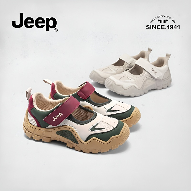 รองเท้าแมรี่เจนพื้นหนาของแท้ 100% จาก Jeep สำหรับผู้หญิง 2025 รองเท้ากีฬากลางแจ้งใหม่ที่มีดีไซน์น่ารักและน่าเกลียด หัวกลม ตีนตุ๊กแก
