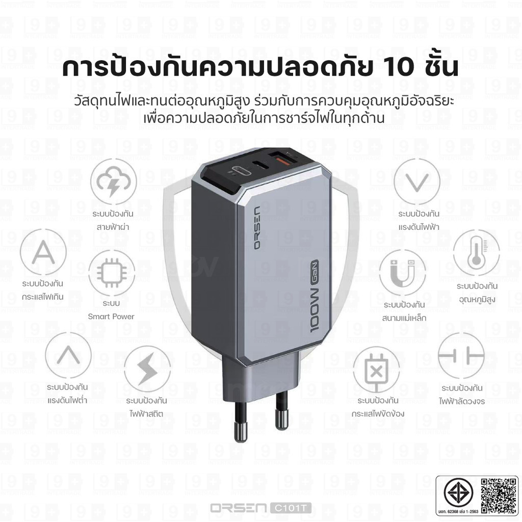 [999บ.โค้ดคุ้ม] Orsen by Eloop C101T C102T GaN Charger 100W หัวชาร์จ PD QC PPS Type C adapter ชาร์จเร็ว มอก. - รูปที่ 2