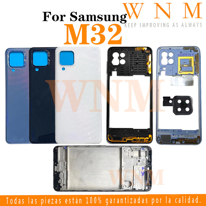 สําหรับ Samsung Galaxy M32 4G M325 M325FV LCD กรอบด้านหน้า Bezel ฝาหลังแบตเตอรี่ + กรอบกลาง + อะไหล่กรอบรูปกล้องด้านหลังกรณีที่อยู่อาศัยศูนย์แชสซี + ปุ่ม