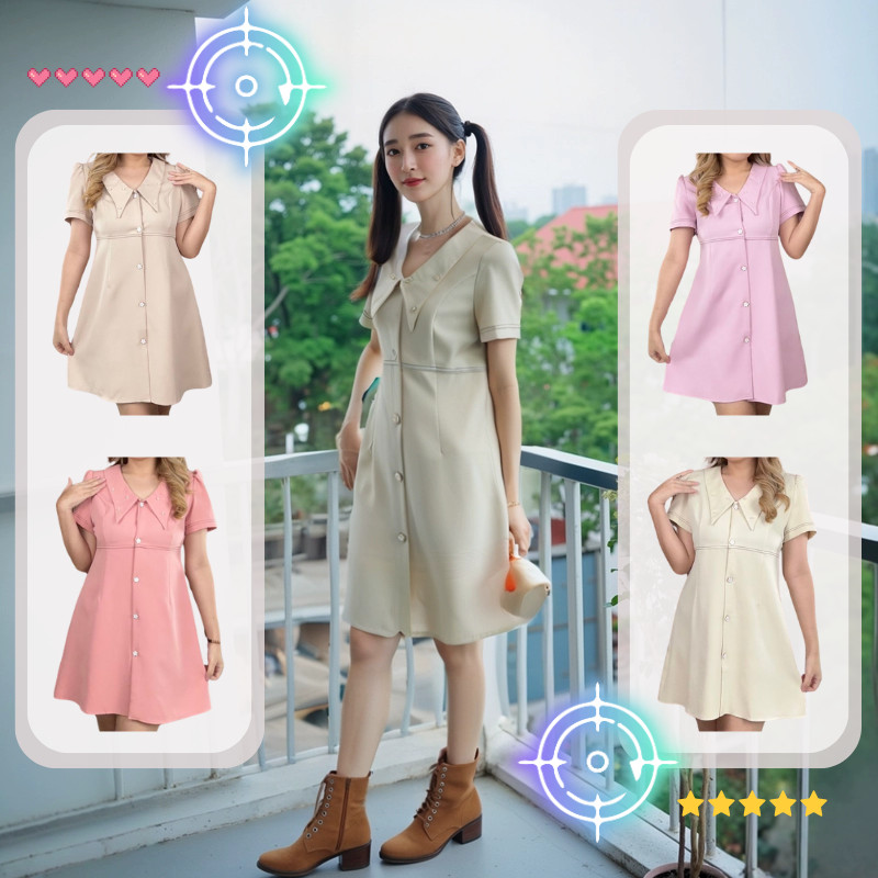 【S-4XL】 เดรสสั้นสไตล์วินเทจ คอปกแหลม เเขนสั้น กระดุมดอกไม้ ใส่ออกงาน ใส่ทำงาน เดรสสาวอวบ พลัสไซซ์