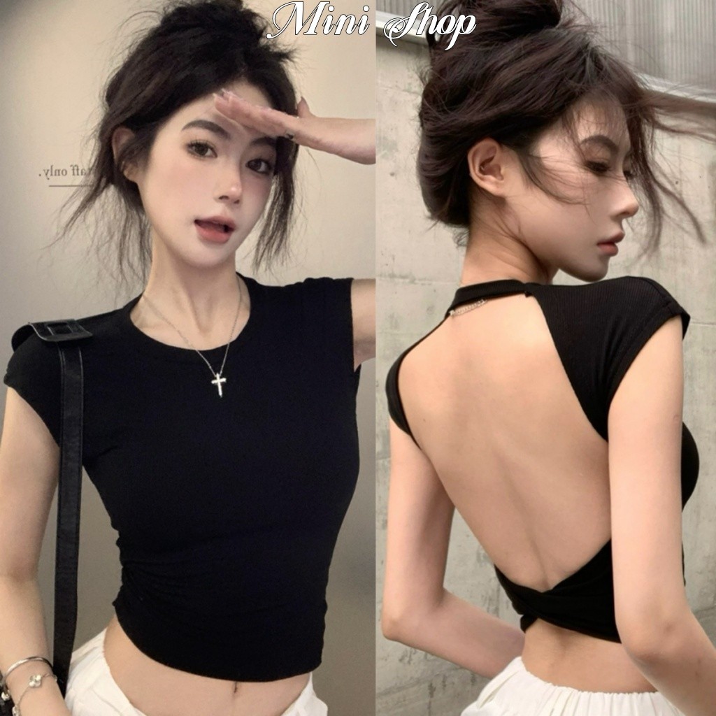 Mini shop🌸พร้อมส่ง🌸เสื้อครอปไหมพรมแขนสั้น เว้าหลัง เกาหลีสไตล์ มีฟองน้ำ ยืดตามตัว "FY5037"