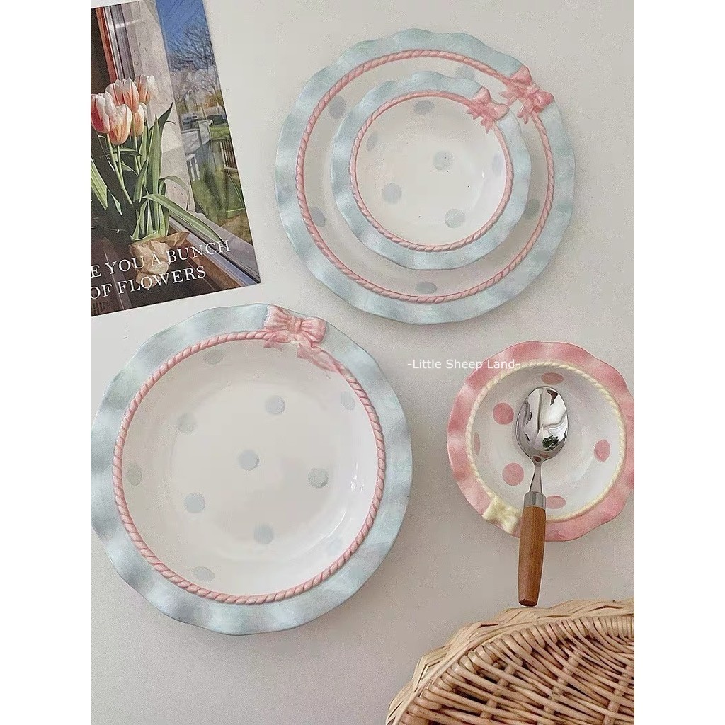 จานขนม จานเซรามิค insจานรูปหัวใจลายจุดโบว์น่ารัก สไตล์เกาหลี - รูปที่ 2