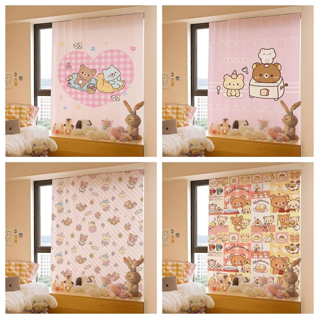 ผ้าม่านตะขอผ่อนคลายและห่วง Rilakkuma - ไม่มีฝาครอบหน้าต่างเจาะพร้อมดีไซน์หมีนอน | ตกแต่งห้องสไตล์ญี่ปุ่น