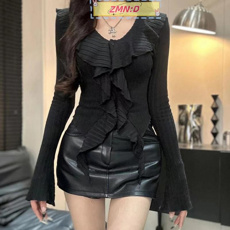Newwellknowngreat สาวร้อนเซ็กซี่ V คอไม่สม่ําเสมอ Ruffle แขนยาว Slim ถักเสื้อกันหนาวผู้หญิง Crop Top