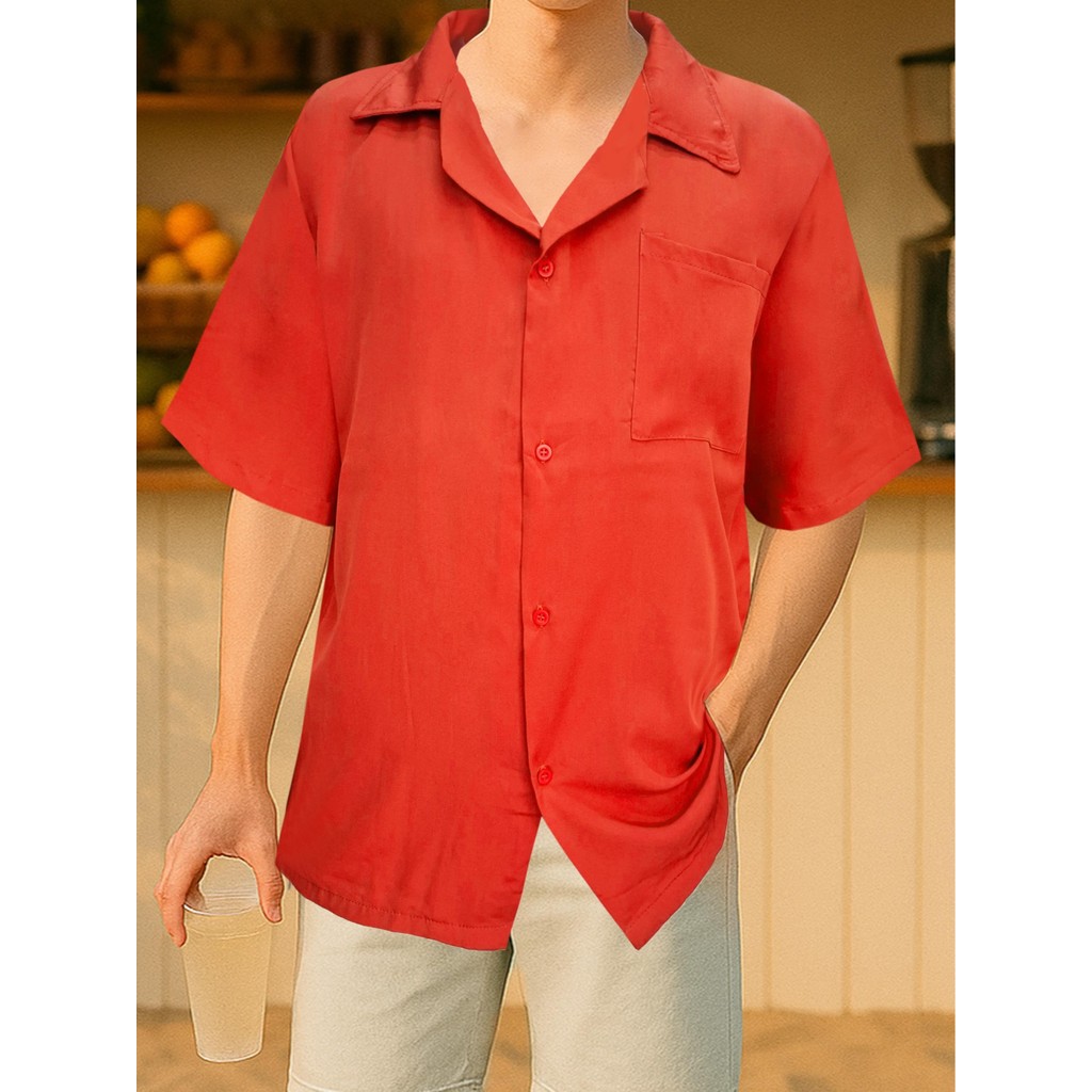 เสื้อฮาวายสไตล์เกาหลี เสื้อเชิ้ตแขนสั้น ผ้าไหมอิตาลี ผ้าพิมพ์ลายและสีพื้น เสื้อเชิ้ตแฟชั่นผู้ชาย กระเป๋าที่อก