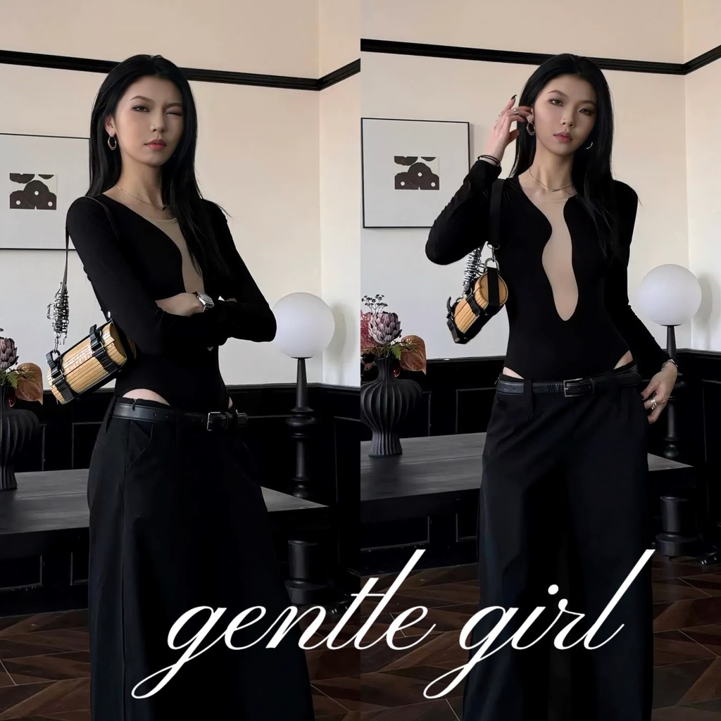 GG จัดส่งที่รวดเร็ว จั๊มสูทตาข่ายกลวงสไตล์สาวฮอตยุโรปและอเมริกา 2025 ดีไซน์ใหม่เฉพาะฤดูใบไม้ร่วงสีดำ