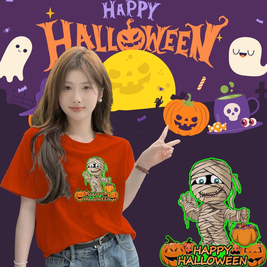 ปกติ✨[พร้อมส่ง] แขนสั้น Mummy&Halloween ผ้าฝ้ายคุณภาพสูง ไม่หดหรือยับ Happy Halloween unisex shirt_H