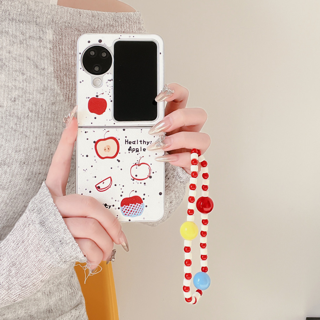 Oppo Find N3 flip 5G เคสหนังน่ารักการ์ตูน apple พร้อมสายโซ่ เคส OPPO Find N2 flip hard กันกระแทกโทรศัพท์ ความคิดสร้างสรรค์ Case Cover