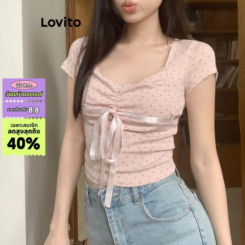 Lovito เสื้อยืดผู้หญิง ลายดอกไม้ ผูกเชือก คัลเลอร์บล็อก สไตล์เพร็พพี่ L91AD096