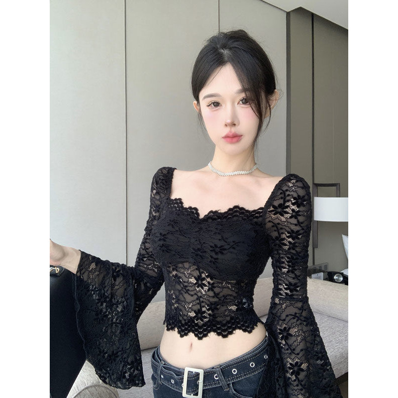Merad สาวร้อนสแควร์คอแขนยาวเสื้อลูกไม้ผู้หญิงฤดูใบไม้ร่วง Pure Desire แฟชั่นอินเทรนด์เอวแคบ Slimmer ดู All-Match ทรัมเป็ตแขนด้านบน