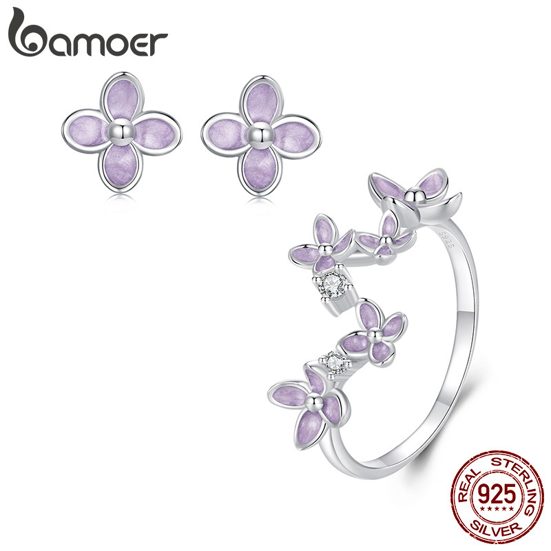 Bamoer 925 เงินสเตอร์ลิง Sliver ต่างหูสตั๊ด Lilac ดอกไม้ออกแบบของขวัญเครื่องประดับสําหรับผู้หญิง