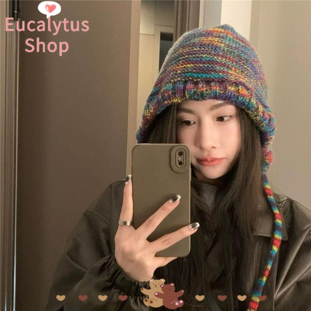 Eucalytus1 หมวกถักนิตติ้งสีรุ้ง, หมวกบีนนี่อบอุ่นสีสันสดใสแฟชั่น, ผู้หญิงฤดูหนาวสไตล์ชาติพันธุ์ไล่โทนสีหมวกทําด้วยผ้าขนสัตว์