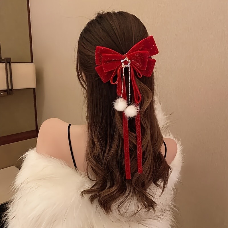 1ชิ้นคริสต์มาสปอมปอมพู่โบว์สีแดงกิ๊บผ้ากํามะหยี่หรูหราออกแบบดาวเครื่องประดับผมเดียวสําหรับสาวๆเทศกาลวันหยุดจัดแต่งทรงผม