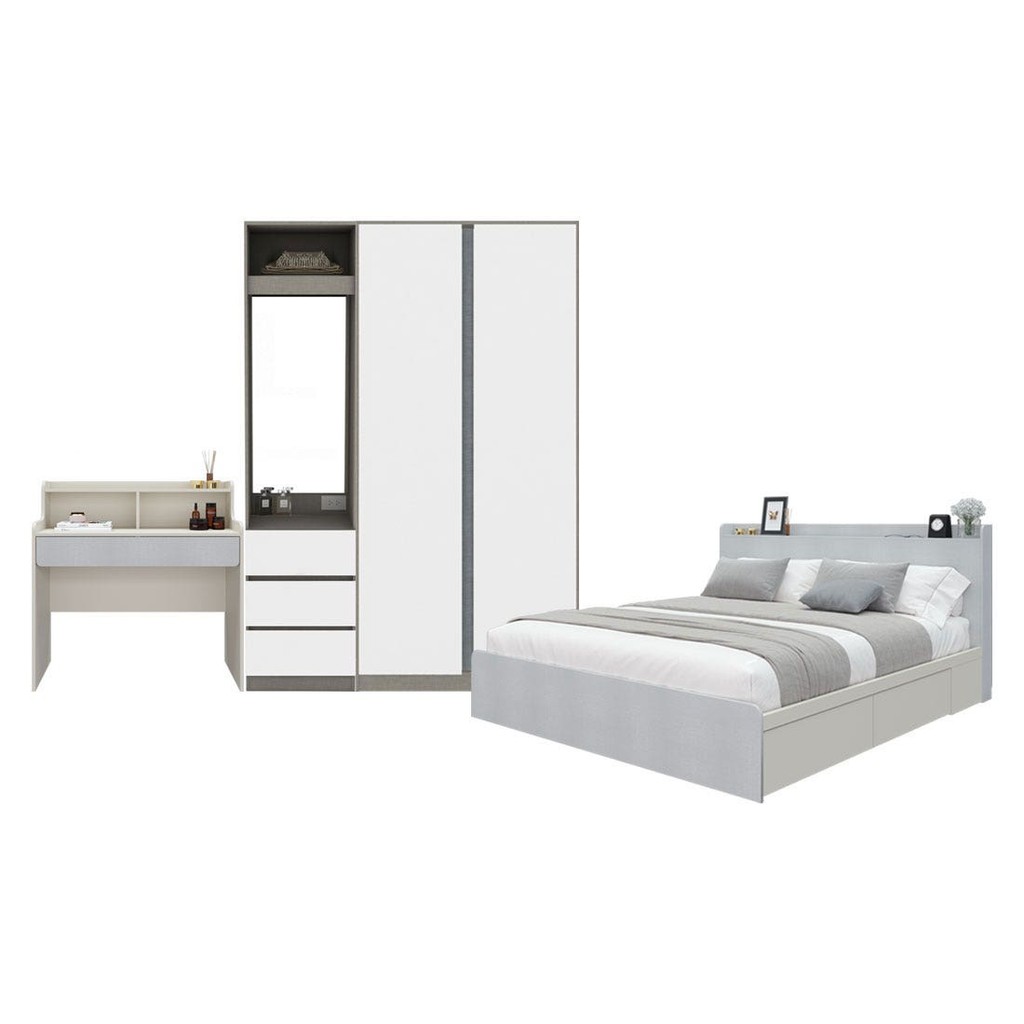 SB Design Square ชุดห้องนอน 5 ฟุต & ตู้ Blox 150 ซม. & โต๊ะเครื่องแป้ง รุ่น Aiko สีขาว  แบรนด์ KONCE