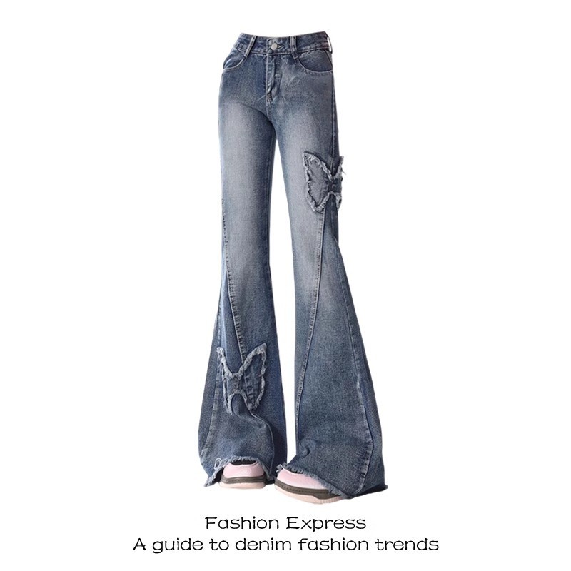 New Mop Pants American Style2024Spring and Autumn Pants Slightly Flared Denim Butterfly Retro Popular Women's High Waist Embroidery