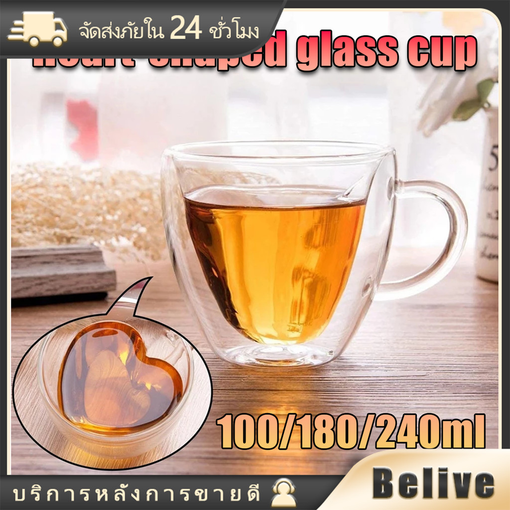 แก้วมักใส่เครื่องดื่ม สองชั้น รูปหัวใ240ML.180ML 100ML.กันร้อน สําหรับครอบครัว