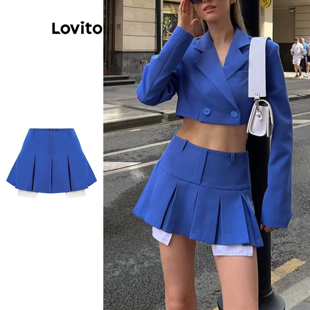 Lovito กระโปรงจีบปลอม 2-in-1 ทรงลำลองสำหรับผู้หญิง AD1061159