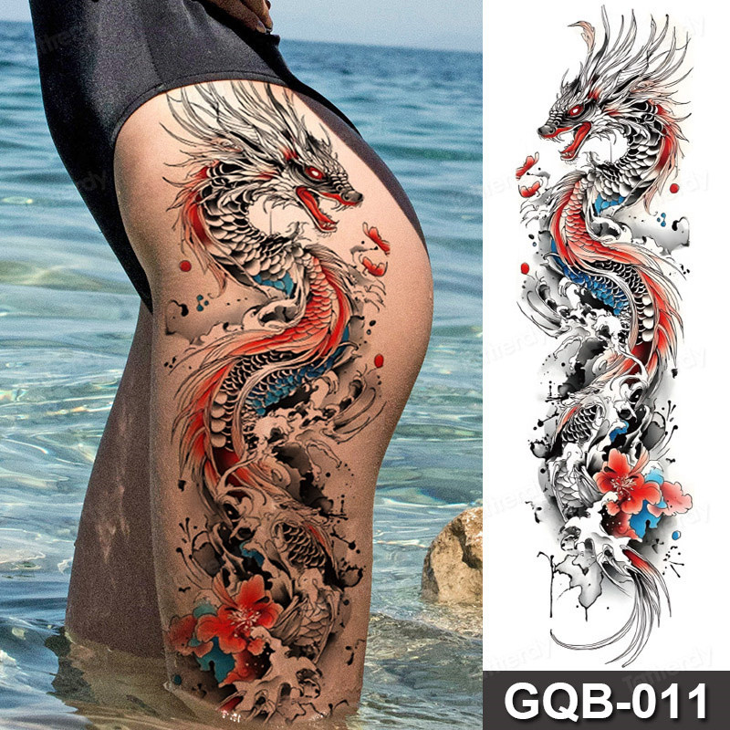 Full ขนาดใหญ่แขน Tattoo Dragon Skull ดอกไม้กันน้ําชั่วคราว Tattoo สติกเกอร์นาฬิกาเข็มทิศผู้ชายผู้หญิง Body Art ปลอม Tato