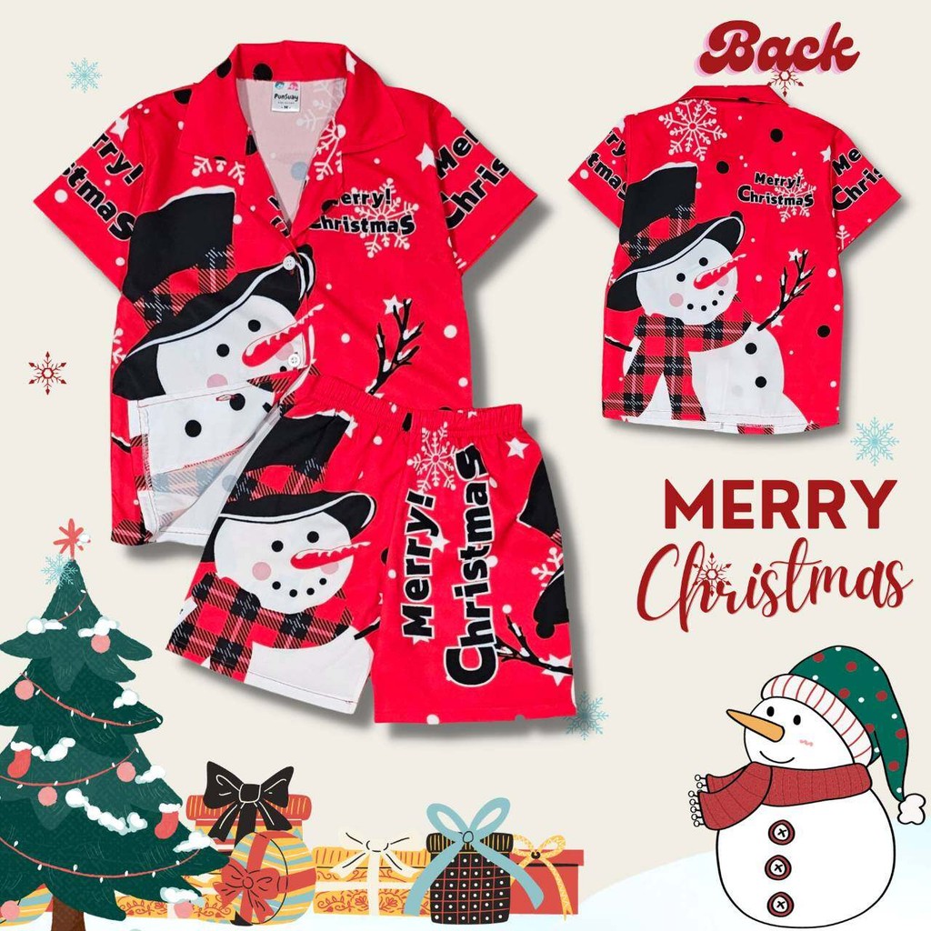 CSM0923#2 ชุดเด็ก เซ็ตเสื้อฮาวาย+กางเกงขาสั้น ผ้าไหมอิตาลี ลายการ์ตูนสโนว์แมน เสื้อผ้าเด็ก ชุดคริสต์มาสเด็ก ชุดครอบครัว