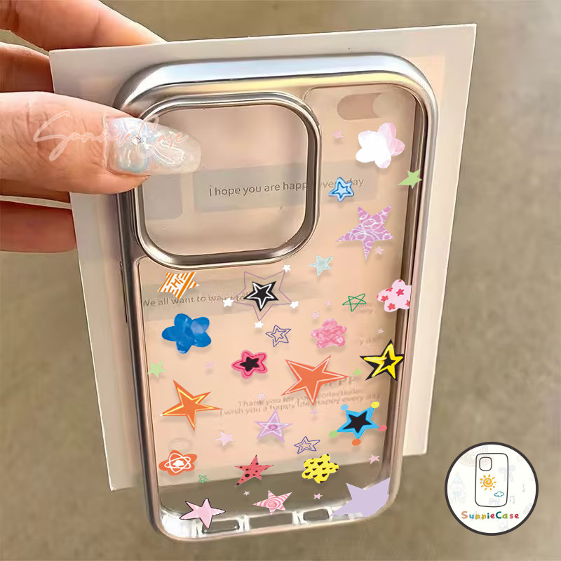 เคสไอโฟนX เคส IPhone 11 12 13 14 16 15 Pro Max 8 16 15 7 Plus X XS XR Max SE 2020 เรียบง่าย ดาว โลหะ แฟชั่น เคส