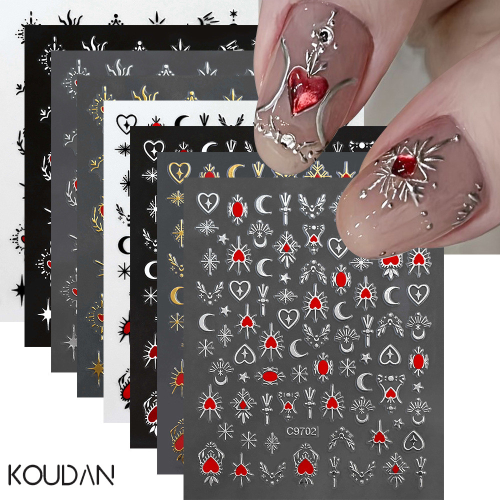 สติ๊กเกอร์ติดเล็บ ตกแต่งเล็บ 3D Gold-stampinged Bright Sun Moon Star Red Love Heart KOULDAN