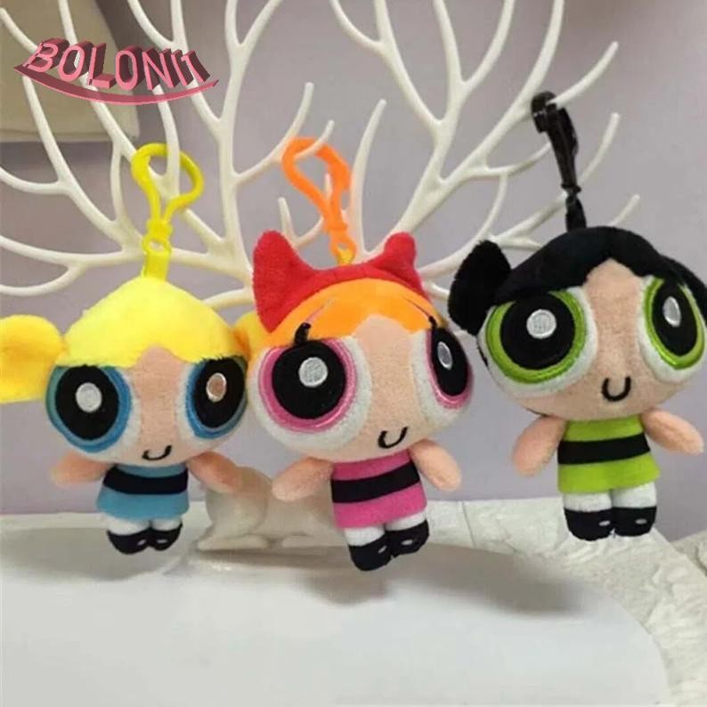 Bo พวงกุญแจ Powerpuff Girls ห้อยกระเป๋า Powerpuff Girls Powerpuff Girls Doll Pendant, Creative Black Orange Yellow Fluffy Soft Cartoon Plush Keyring Backpack Decor