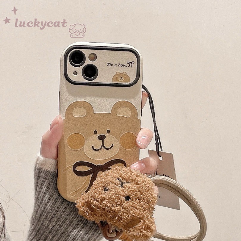 Iphone 16 15 14 13 12 11 Pro Max X Xr Xs Max 7 8 Plus SE2020 เคสโทรศัพท์น่ารักโบว์สีน้ําตาล Smile Bear คู่ Soft + Lanyard Cover