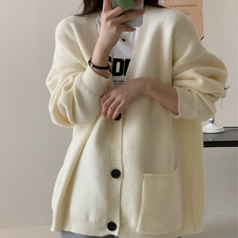 เสื้อกันหนาวเปิดหน้าแฟชั่นสไตล์เกาหลี ฤดูใบไม้ร่วง ฤดูหนาว เสื้อไหมพรมคอวี สไตล์ขี้เกียจและนุ่มนวล เสื้อถักไหมพรม
