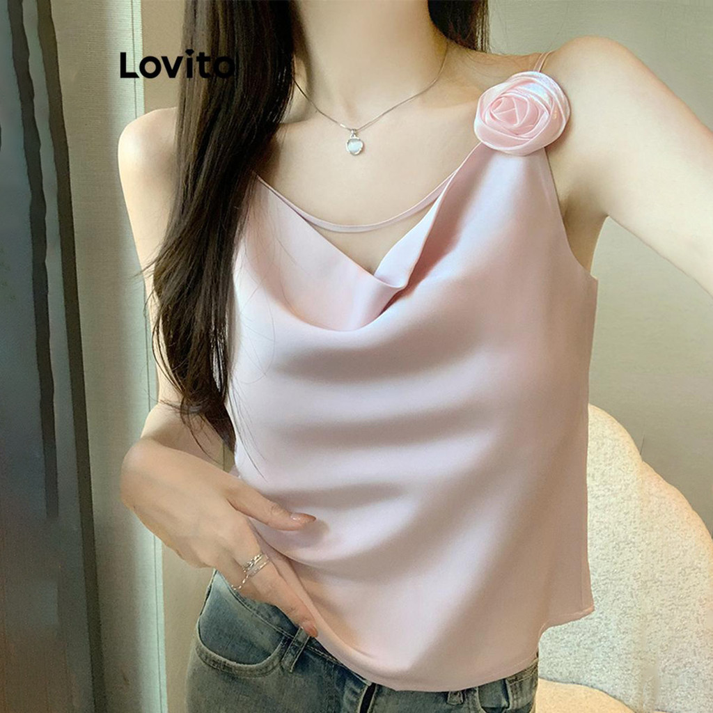 Lovito เสื้อสายเดี่ยวผู้หญิง คอแต่งระบาย สีพื้น สไตล์ลำลอง LNE55439