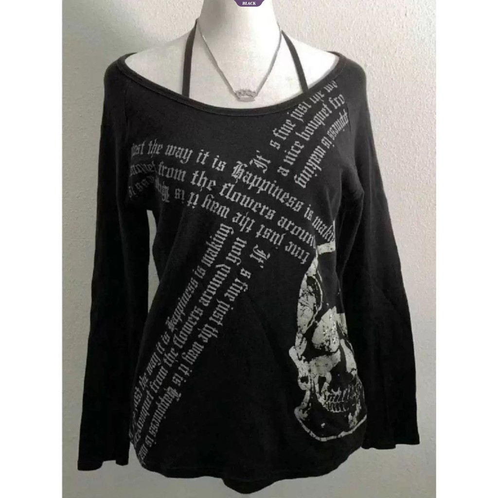 วัฒนธรรมย่อย Dark Gothic Rock Punk Y2k Spice Girls Skull พิมพ์เสื้อยืดผู้หญิงฤดูใบไม้ผลิฤดูใบไม้ร่วงหลวมแขนยาว [BL]